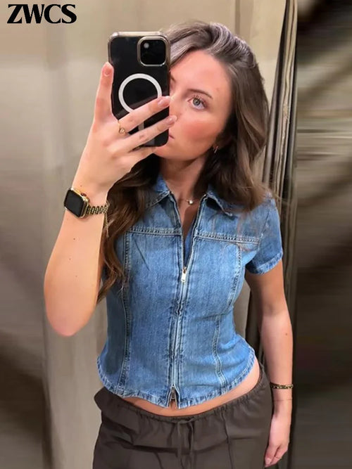 Fashion Zipper Denim Shirts Women's Slim Turn-down Collar Waist-cinching Short Sleeve Blouses 2026 Summer Ladies New Streetwear