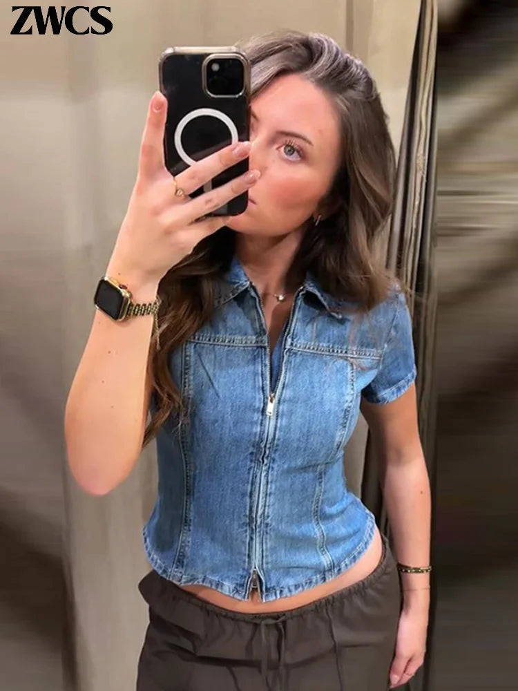 Fashion Zipper Denim Shirts Women's Slim Turn-down Collar Waist-cinching Short Sleeve Blouses 2026 Summer Ladies New Streetwear