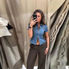 Fashion Zipper Denim Shirts Women's Slim Turn-down Collar Waist-cinching Short Sleeve Blouses 2026 Summer Ladies New Streetwear