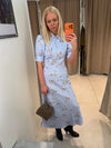 Pearl Button Floral Long Dress Woman Lapel Short Bubble Sleeve Waist Cinched Print Slim Dresses Elegant Fashion Lady's New Dress