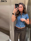 Fashion Zipper Denim Shirts Women's Slim Turn-down Collar Waist-cinching Short Sleeve Blouses 2026 Summer Ladies New Streetwear