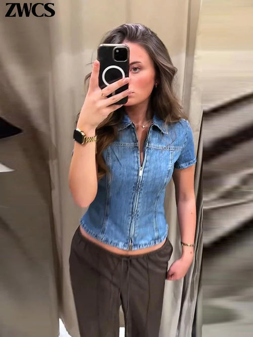 Fashion Zipper Denim Shirts Women's Slim Turn-down Collar Waist-cinching Short Sleeve Blouses 2026 Summer Ladies New Streetwear