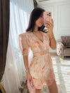 Floral Print V-neck Mini Dress Women Chic Half Sleeves High Waist Ruffle Slim Fit Short Dresses 2026 Lady Summer Vacation Wear