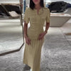 Solid Knit Hollow Out Maxi Dress Women Chic Short Sleeve Hollow Out Single Breasted Bodycon Dresses 2026 Lady Daily Commute Robe