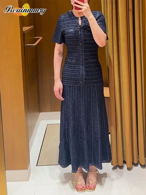 Solid Knit Hollow Out Maxi Dress Women Chic Short Sleeve Hollow Out Single Breasted Bodycon Dresses 2026 Lady Daily Commute Robe