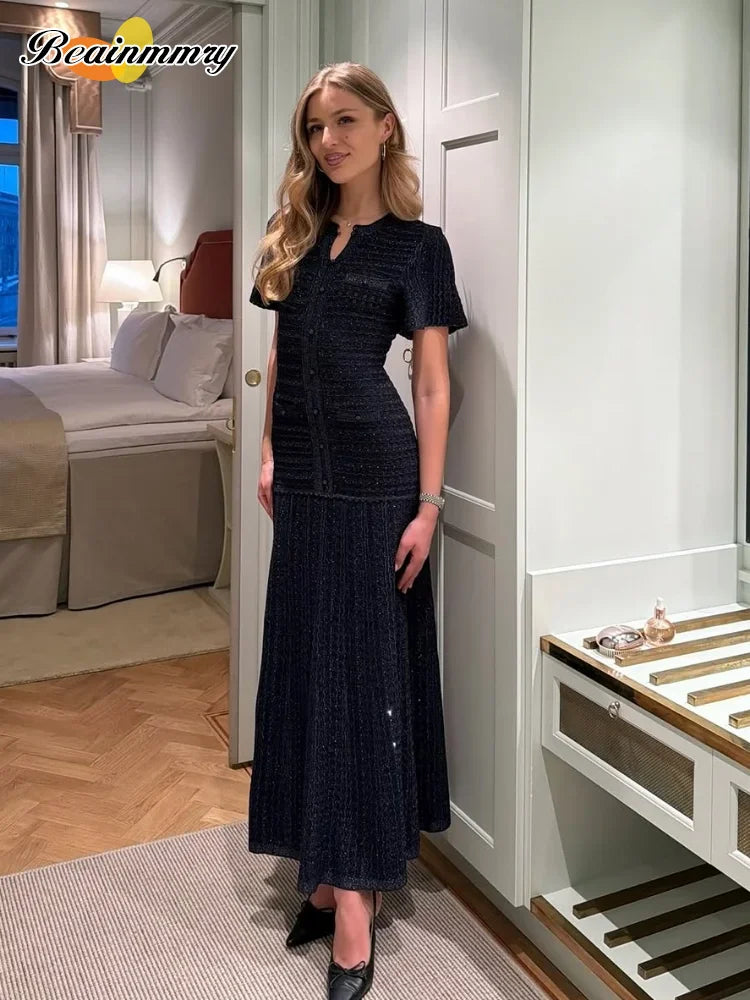 Solid Knit Hollow Out Maxi Dress Women Chic Short Sleeve Hollow Out Single Breasted Bodycon Dresses 2026 Lady Daily Commute Robe