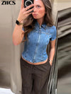 Fashion Zipper Denim Shirts Women's Slim Turn-down Collar Waist-cinching Short Sleeve Blouses 2026 Summer Ladies New Streetwear