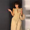 Chic Khaki Pleated Maxi Dress Women Sleeveless Button Front Ruched Waist A-line Loose Fit Casual Daily Wear Dress